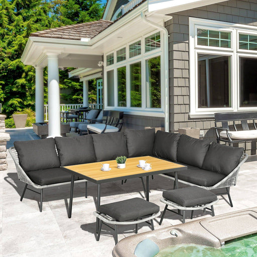 6 Seater Outdoor Furniture Set with Sofa, Footstool and Wooden Effect Plastic Coffee Table - Grey - Outsunny - Green4Life