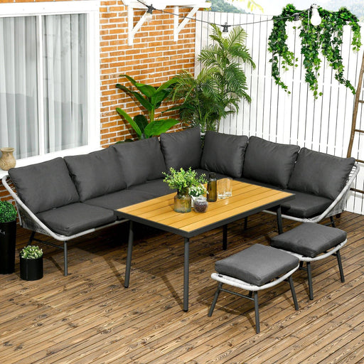 6 Seater Outdoor Furniture Set with Sofa, Footstool and Wooden Effect Plastic Coffee Table - Grey - Outsunny - Green4Life