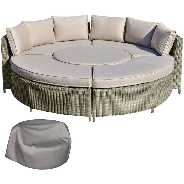 6-Seater Outdoor PE Rattan Lounge Set Round Daybed and Liftable Coffee Table - Grey - Outsunny - Green4Life