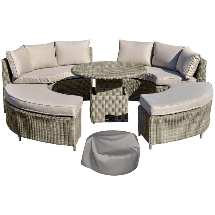 6-Seater Outdoor PE Rattan Lounge Set Round Daybed and Liftable Coffee Table - Grey - Outsunny - Green4Life