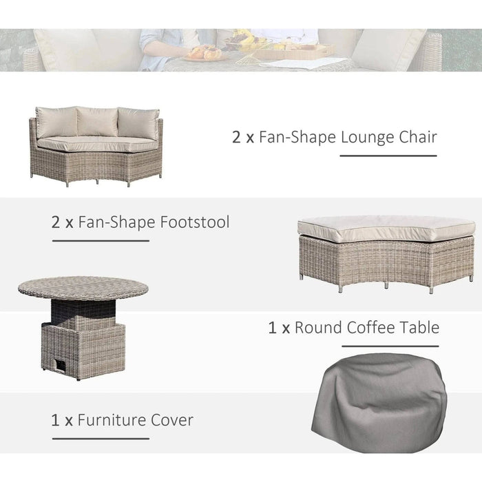 6-Seater Outdoor PE Rattan Lounge Set Round Daybed and Liftable Coffee Table - Grey - Outsunny - Green4Life