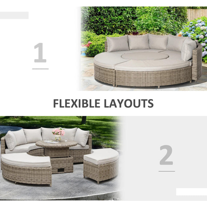 6-Seater Outdoor PE Rattan Lounge Set Round Daybed and Liftable Coffee Table - Grey - Outsunny - Green4Life