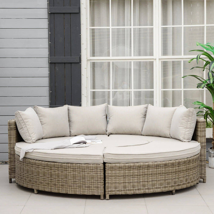 6-Seater Outdoor PE Rattan Lounge Set Round Daybed and Liftable Coffee Table - Grey - Outsunny - Green4Life