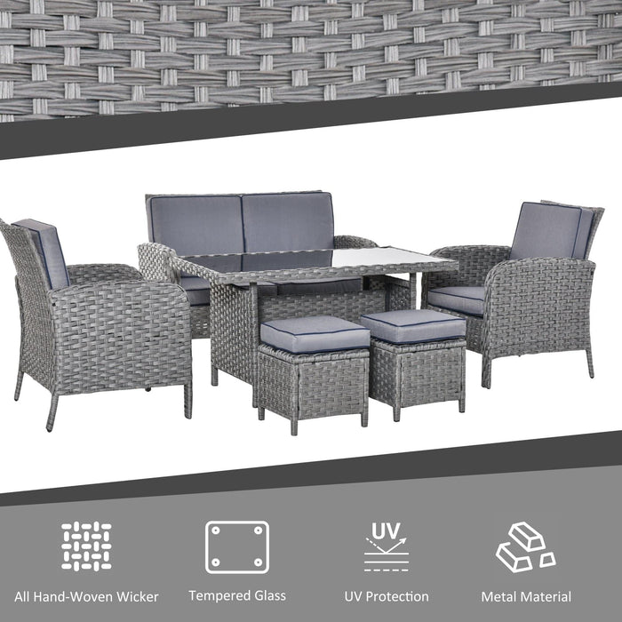6-Seater Outdoor Rattan Dining Set All Weather PE Wicker Furniture - Grey - Outsunny - Green4Life