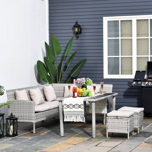 6-Seater Outdoor Rattan Dining Set with Sofa, Table and Footstools with Cushions - Mixed Grey - Outsunny - Green4Life