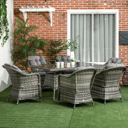 6-Seater PE Rattan Dining Set with Tempered Glass Table Top - Grey - Outsunny - Green4Life