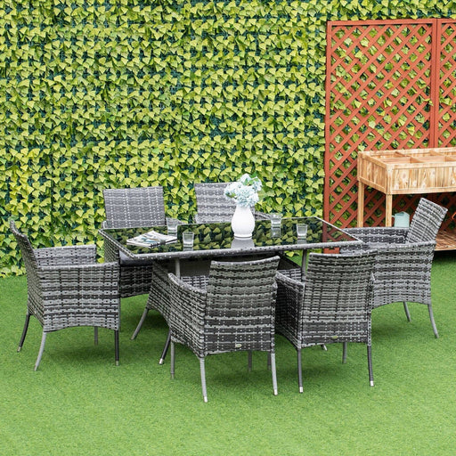 6-Seater Rattan Dining Set Garden Furniture Patio Rectangular Table Cube Chairs Outdoor Fire Retardant Sponge Grey - Outsunny - Green4Life
