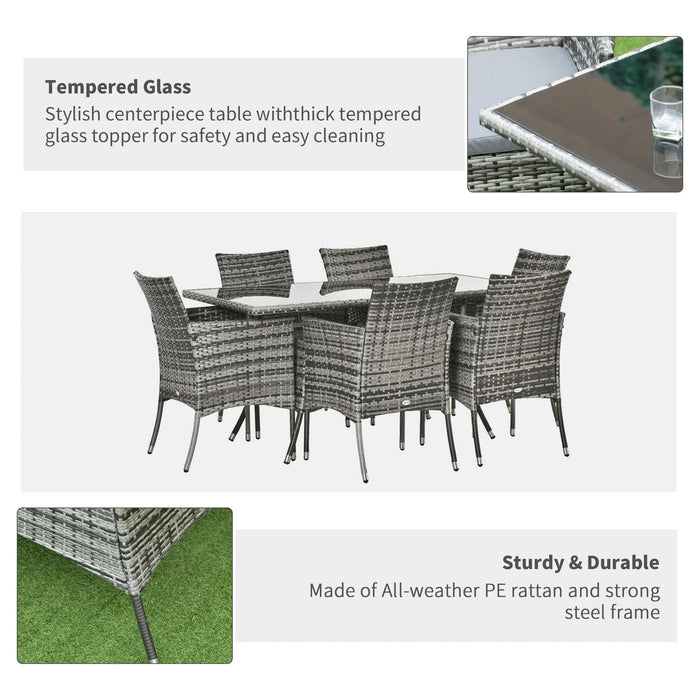 6-Seater Rattan Dining Set Garden Furniture Patio Rectangular Table Cube Chairs Outdoor Fire Retardant Sponge Grey - Outsunny - Green4Life