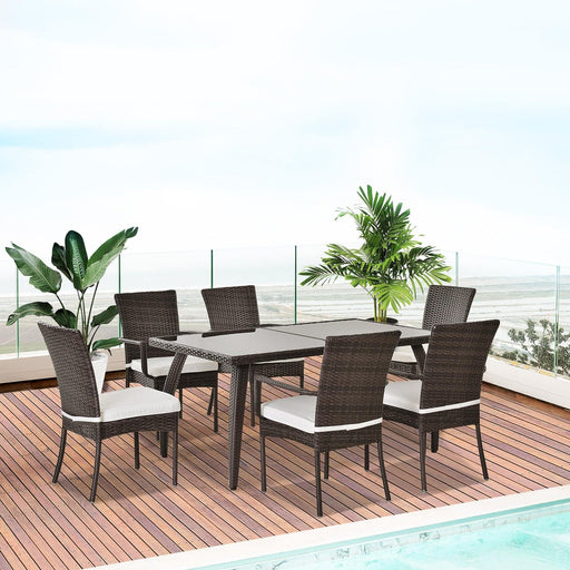 6-Seater Rattan Dining Set with 6 Wicker Weave Chairs & Tempered Glass Top Dining Table - Brown - Outsunny - Green4Life