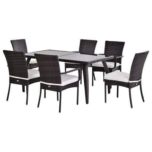 6-Seater Rattan Dining Set with 6 Wicker Weave Chairs & Tempered Glass Top Dining Table - Brown - Outsunny - Green4Life