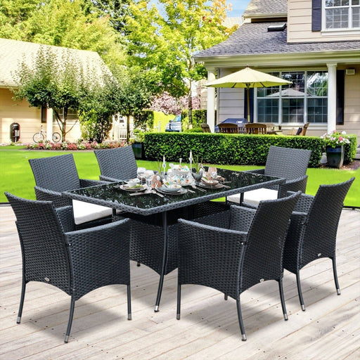 6-Seater Rattan Dining Set with Glass Top Table - Black - Outsunny - Green4Life