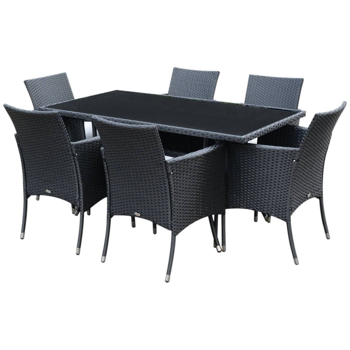 6-Seater Rattan Dining Set with Glass Top Table - Black - Outsunny - Green4Life