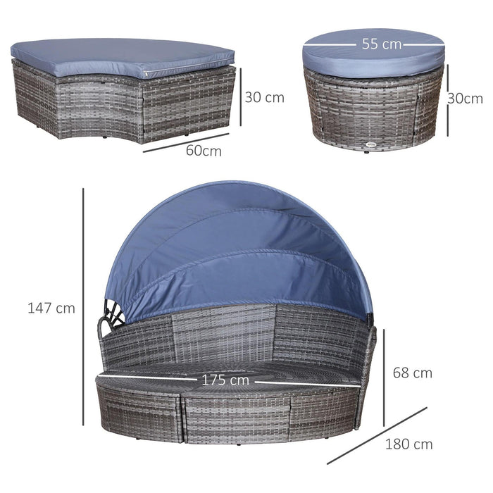 6-Seater Rattan Garden Bed with Canopy - Grey/Blue - Outsunny - Green4Life