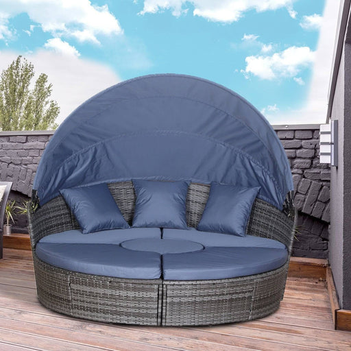 6-Seater Rattan Garden Bed with Canopy - Grey/Blue - Outsunny - Green4Life