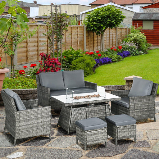 6-Seater Rattan Garden Furniture Set with Fire Pit Table, Wicker Loveseat, 2 Armchairs and 2 Footstools - Grey - Outsunny - Green4Life