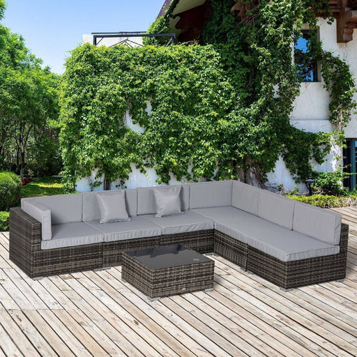 6 Seater Rattan Garden Furniture Sofa Set with Coffee Table, Cushions and Pillows - Mixed Grey - Outsunny - Green4Life
