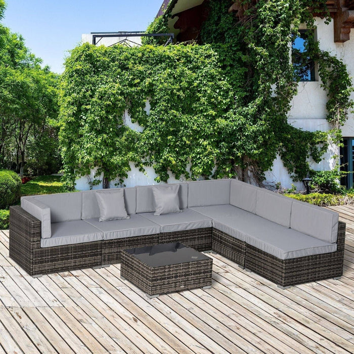 6 Seater Rattan Garden Furniture Sofa Set with Coffee Table, Cushions and Pillows - Mixed Grey - Outsunny - Green4Life