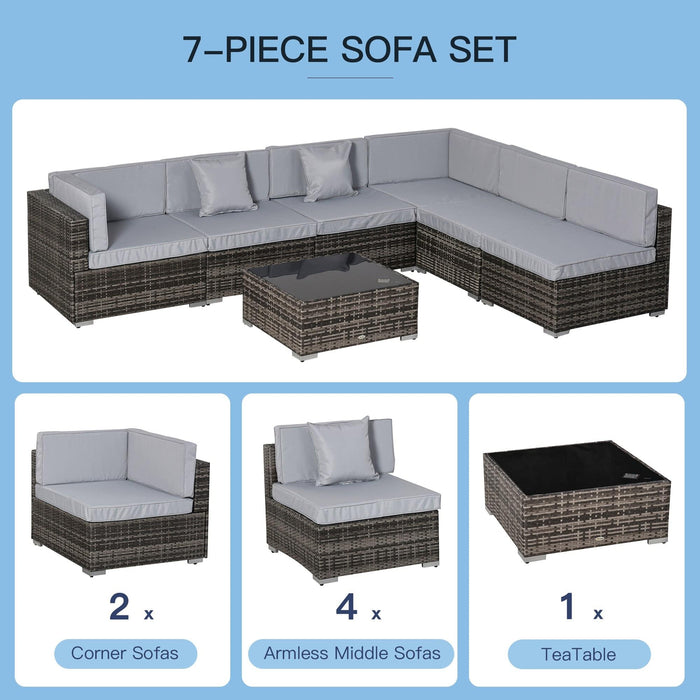 6 Seater Rattan Garden Furniture Sofa Set with Coffee Table, Cushions and Pillows - Mixed Grey - Outsunny - Green4Life