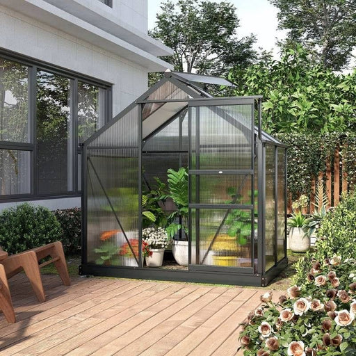 6 x 4 ft Walk-In Polycarbonate Greenhouse with Sliding Door, Galvanised Base & Aluminium Frame - Grey - Outsunny - Green4Life