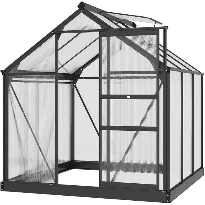 6 x 6 ft Walk-In Polycarbonate Greenhouse with Sliding Door, Galvanised Base & Aluminium Frame - Grey - Outsunny - Green4Life