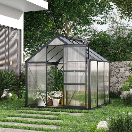 6 x 6 ft Walk-In Polycarbonate Greenhouse with Sliding Door, Galvanised Base & Aluminium Frame - Grey - Outsunny - Green4Life