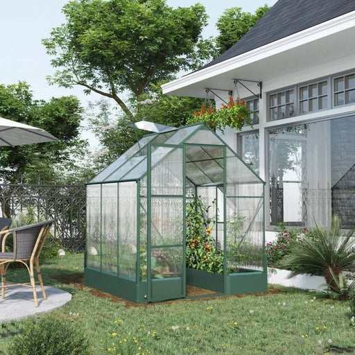 6 x 6 ft Garden Walk-in Polycarbonate Greenhouse with Aluminium Frame & Plant Bed - Green - Outsunny - Green4Life