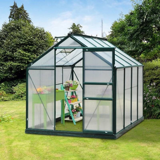 8 x 6 ft Walk-In Polycarbonate Greenhouse with Sliding Door, Galvanised Base & Aluminium Frame - Dark Green - Outsunny - Green4Life