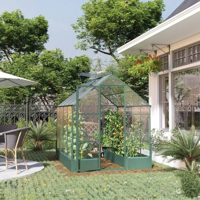 8 x 6 ft Garden Walk-in Polycarbonate Greenhouse with Aluminium Frame & Plant Bed - Green - Outsunny - Green4Life