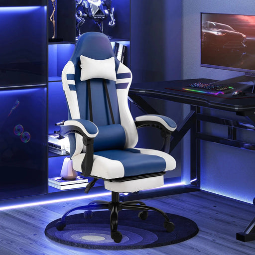 Vinsetto PU Leather Gaming Chair with Headrest, Footrest, Wheels, Adjustable Height - Blue/White - Green4Life