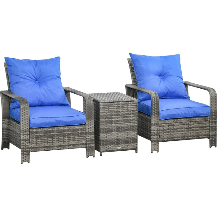 Outsunny 3-Piece PE Rattan Wicker Bistro Set with Armchairs & Storage Table - Blue - Green4Life