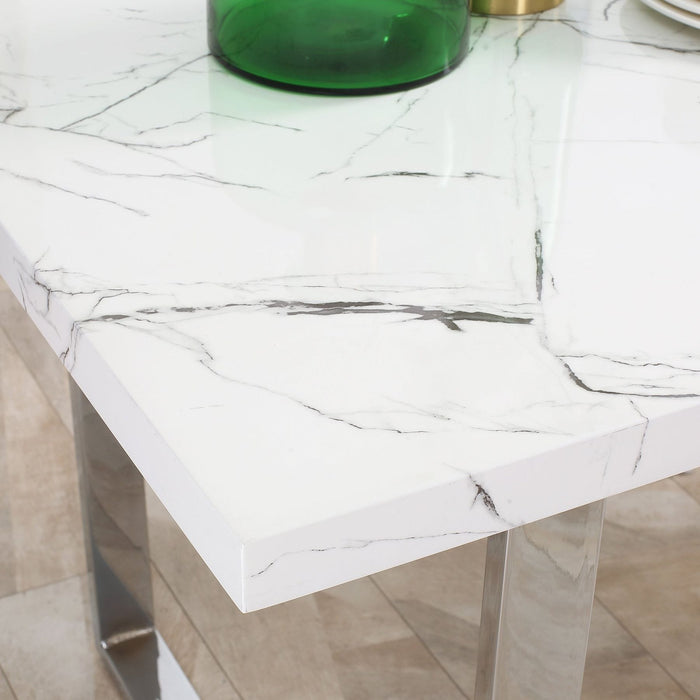 Rectangular Modern Dining Table  with Marble Effect Tabletop for 6-8 People - White - Green4Life