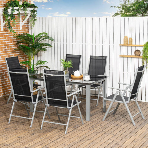 7 Piece Garden Dining Set, Aluminium Frames and Glass Top Table - Black - Outsunny - Green4Life