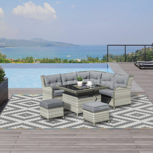 7-Seater PE Rattan Dining Set with a Corner Sofa, Footstools, and Adjustable Table - Grey - Outsunny - Green4Life