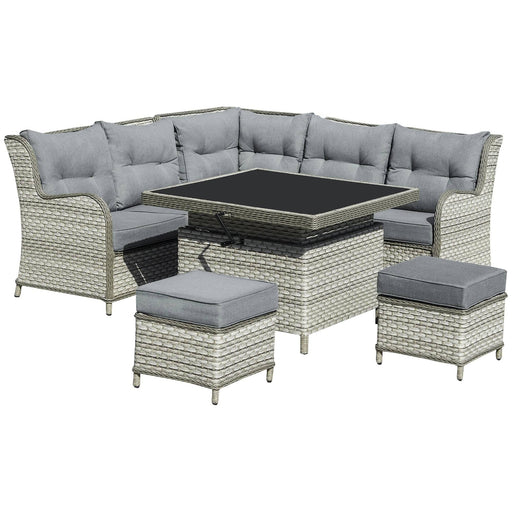 7-Seater PE Rattan Dining Set with a Corner Sofa, Footstools, and Adjustable Table - Grey - Outsunny - Green4Life