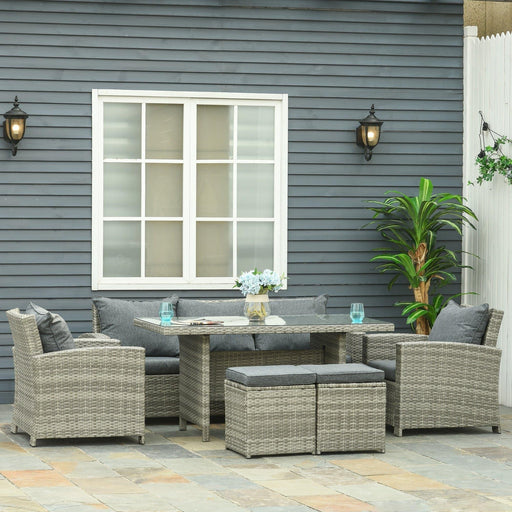 7-Seater Rattan Dining Sofa Set with Armchairs and Footstools - Grey - Outsunny - Green4Life