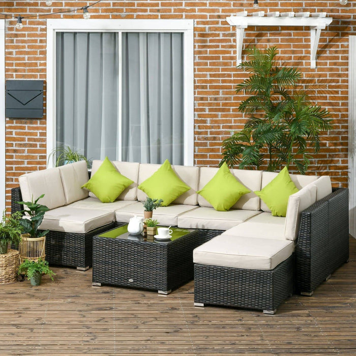 7-Seater Rattan Sofa Set with Glass Top Table - Brown - Outsunny - Green4Life