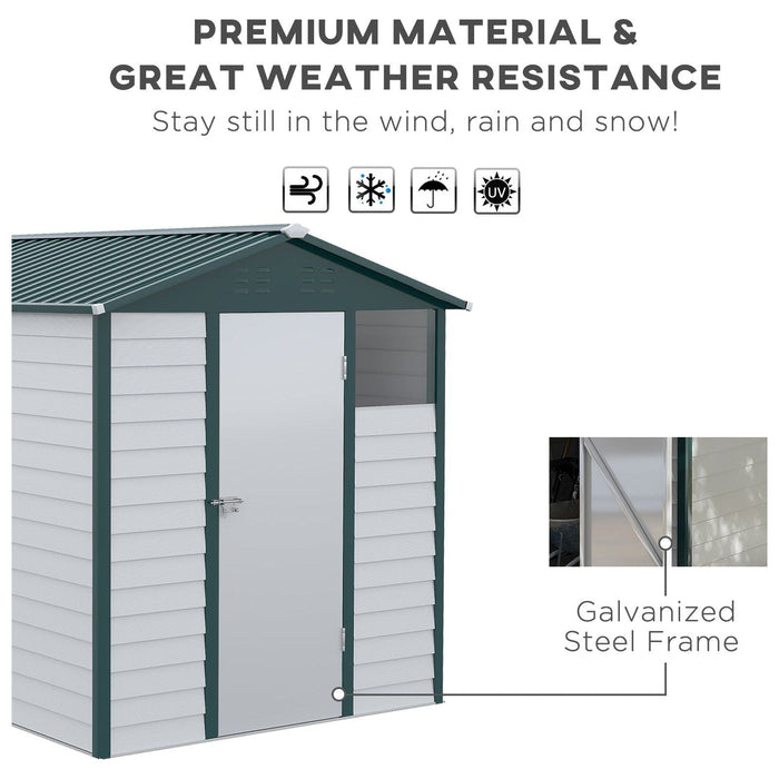 Outsunny 9FT x 6FT Galvanizsed Metal Garden Shed with Sloped Roof, Lockable Door - White/Green - Green4Life