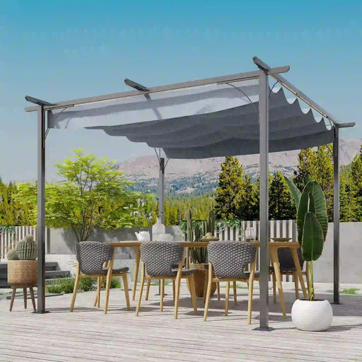 3 x 3 m Contemporary Metal Pergola with Grey Retractable Canopy - Outsunny - Green4Life