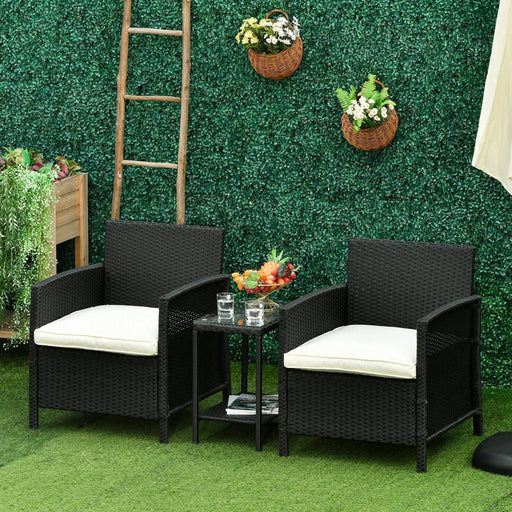 Outsunny 2-Seater PE Rattan Bistro Set with Side Table & Armchairs & Cushions - Black - Green4Life