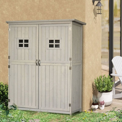 Outsunny 127.5L x 50W x 164Hcm Wooden Garden Storage Shed with Shelves & Two Windows - Grey - Green4Life