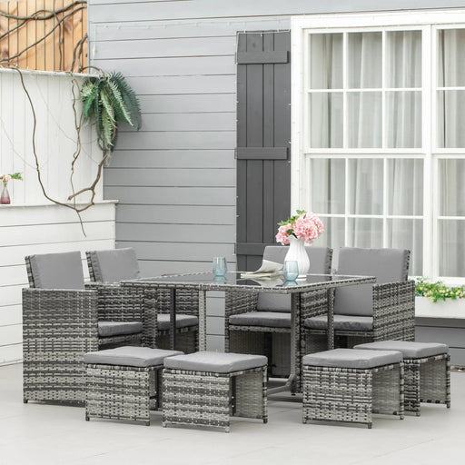 8 Seater Outdoor Rattan Dining Set with 4 Armchairs, 4 Stools, and Square Glass Top Table - Grey - Outsunny - Green4Life