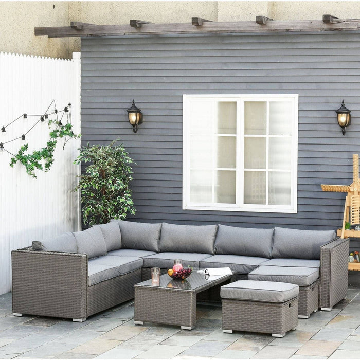 8-Seater PE Rattan Garden Corner Sofa Set with Coffee Table and Footstools - Grey - Outsunny - Green4Life