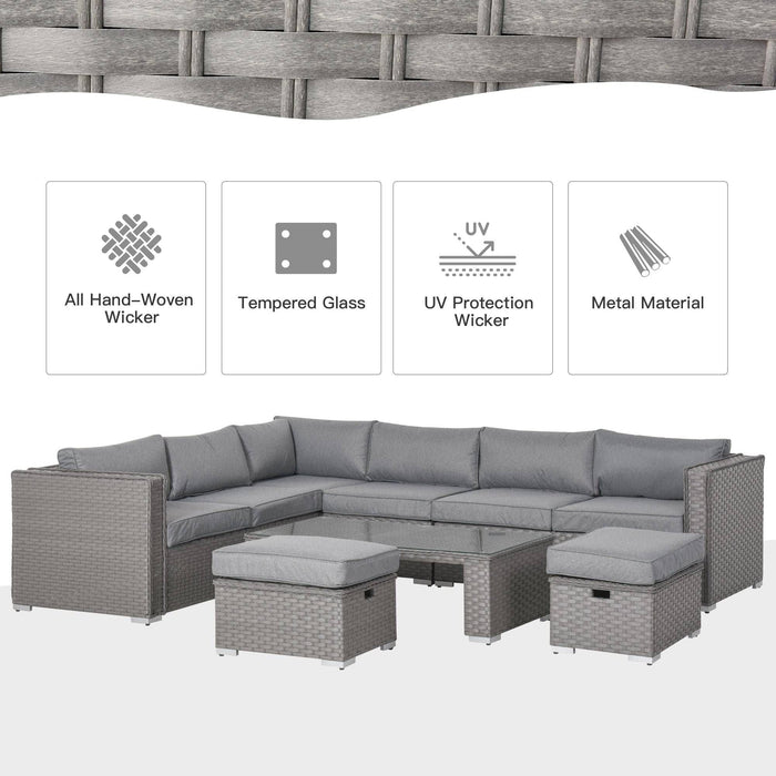 8-Seater PE Rattan Garden Corner Sofa Set with Coffee Table and Footstools - Grey - Outsunny - Green4Life