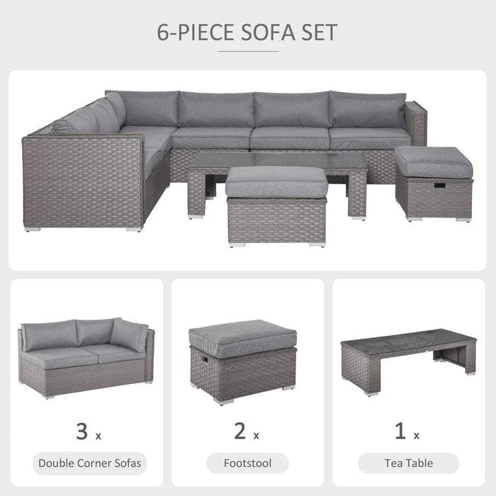 8-Seater PE Rattan Garden Corner Sofa Set with Coffee Table and Footstools - Grey - Outsunny - Green4Life