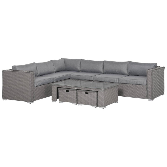 8-Seater PE Rattan Garden Corner Sofa Set with Coffee Table and Footstools - Grey - Outsunny - Green4Life