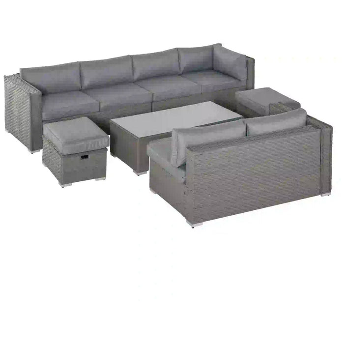 8-Seater PE Rattan Garden Corner Sofa Set with Coffee Table and Footstools - Grey - Outsunny - Green4Life