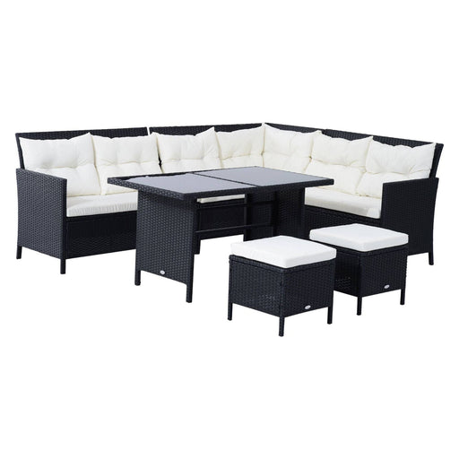 8-Seater Rattan Corner Sofa Dining Set with a Double Table and Footstools - Black/White - Outsunny - Green4Life