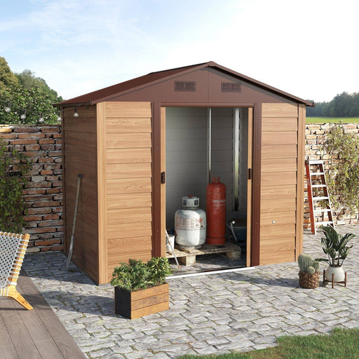 8 x 6 ft (236L x 196W cm) Steel Wood Effect Garden Shed with Foundation - Brown - Outsunny - Green4Life