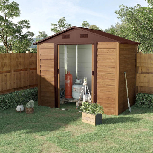 8 x 6 ft (236L x 196W cm) Steel Wood Effect Garden Shed with Foundation - Brown - Outsunny - Green4Life