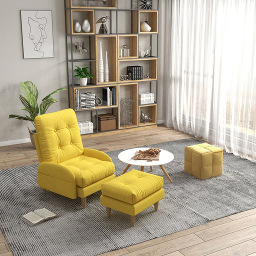 Upholstered Button Tufted Accent Armchair & Footstool Set with Wooden Legs and Side Pockets - Yellow - Green4Life
